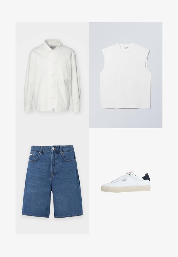 Chemise blanche à boutons en coton, dotée d'un col classique, de manches longues et d'une poche poitrine unique. Texture lisse, design simple.; Haut blanc sans manches en coton à col rond avec épaules structurées, marqué "WEEKDAY" sur l'étiquette du col, présenté sur un fond gris clair.; Short en denim bleu clair avec fermeture éclair devant, bouton, passants de ceinture et cinq poches, présenté sur fond blanc uni.; Baskets basses blanches avec semelle beige, lacets blancs, languette de talon noire et logo "Pepe Jeans London" sur le côté.