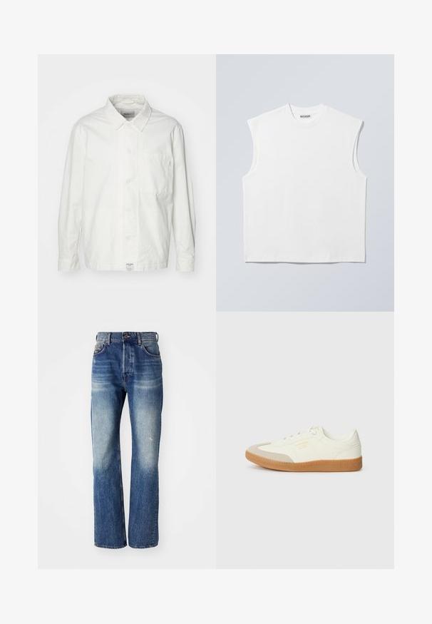 Witte overhem shirt van katoen, met een klassieke kraag, lange mouwen en een enkele borstzak. Glad oppervlak, eenvoudig ontwerp.; Wit mouwloos katoenen top met ronde hals en gestructureerde schouders, met het merk "WEEKDAY" op het label in de kraag, afgebeeld op een lichtgrijze achtergrond.; Blauwe denim jeans met een rechte pijpdesign, met lichte vervaging en een lichte wassing aan de voorkant. Standaard vijf-pocket stijl.; Schoen gemaakt van wit leer met een beige teenkap en een lichtbruine rubberen zool. Voorzien van platte witte veters en reliëfbranding aan de zijkant.