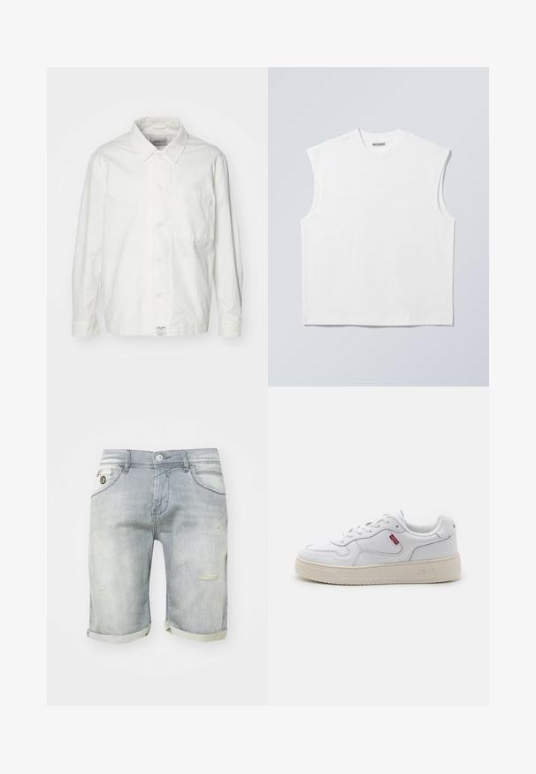 Chemise blanche à boutons en coton, dotée d'un col classique, de manches longues et d'une poche poitrine unique. Texture lisse, design simple.; Haut blanc sans manches en coton à col rond avec épaules structurées, marqué "WEEKDAY" sur l'étiquette du col, présenté sur un fond gris clair.; Shorts en denim bleu clair avec un délavage usé, des revers roulés, des poches avant et des détails déchirés sur la cuisse. Fermeture à bouton à la taille.; Baskets en cuir blanc avec une surface texturée, bout arrondi et semelle en caoutchouc beige. Présente le logo rouge de Levi's sur le côté et un col rembourré.
