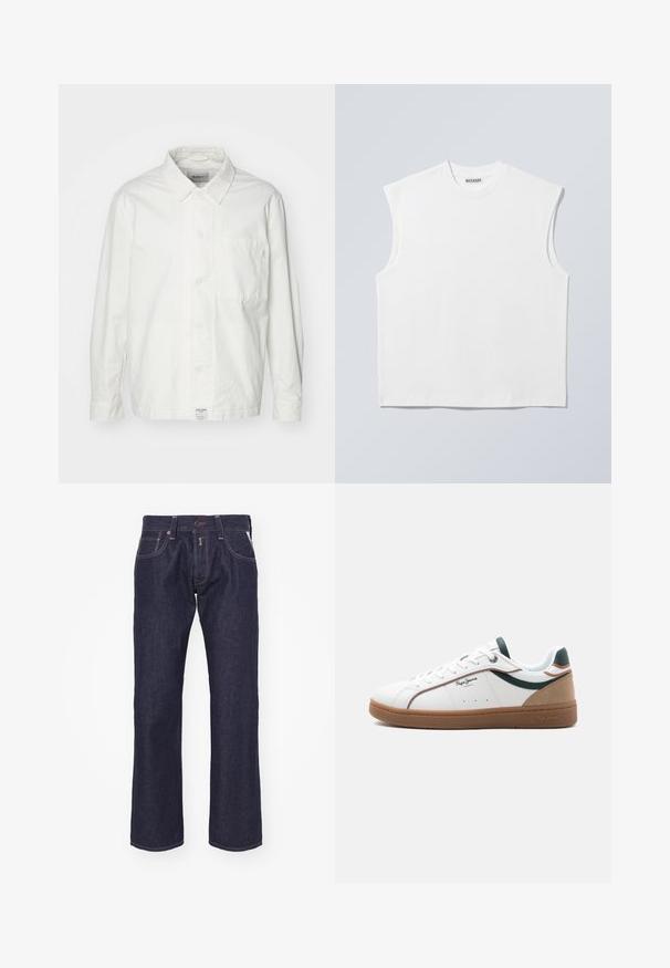 Witte overhem shirt van katoen, met een klassieke kraag, lange mouwen en een enkele borstzak. Glad oppervlak, eenvoudig ontwerp.; Wit mouwloos katoenen top met ronde hals en gestructureerde schouders, met het merk "WEEKDAY" op het label in de kraag, afgebeeld op een lichtgrijze achtergrond.; Donkerblauwe denim jeans met een recht model. Kenmerken zijn een knoopsluiting, vijf zakken en contrasterende stiksels.; Witte lage sneaker met een bruine zool, groene en beige accenten, witte veters en het "Pepe Jeans London"-logo aan de zijkant.