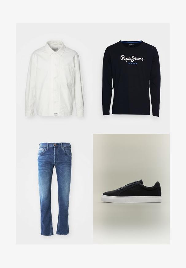 Hvid skjorte med knapper lavet af bomuld, med en klassisk krave, lange ærmer og en enkelt brystlomme. Glat tekstur, enkelt design.; Langærmet sort t-shirt lavet af bomuldsstof, med hvid og blå logo tekst "Pepe Jeans London" centreret på brystet.; Mørkeblå denim jeans med lige ben-design, der har fem lommer, en brun knaplukning og diskret lys udtoning ved lårene.; Sort lavsko-sneaker med hvid gummisål, snøredesign og polstret krave vist på en neutral grå baggrund.