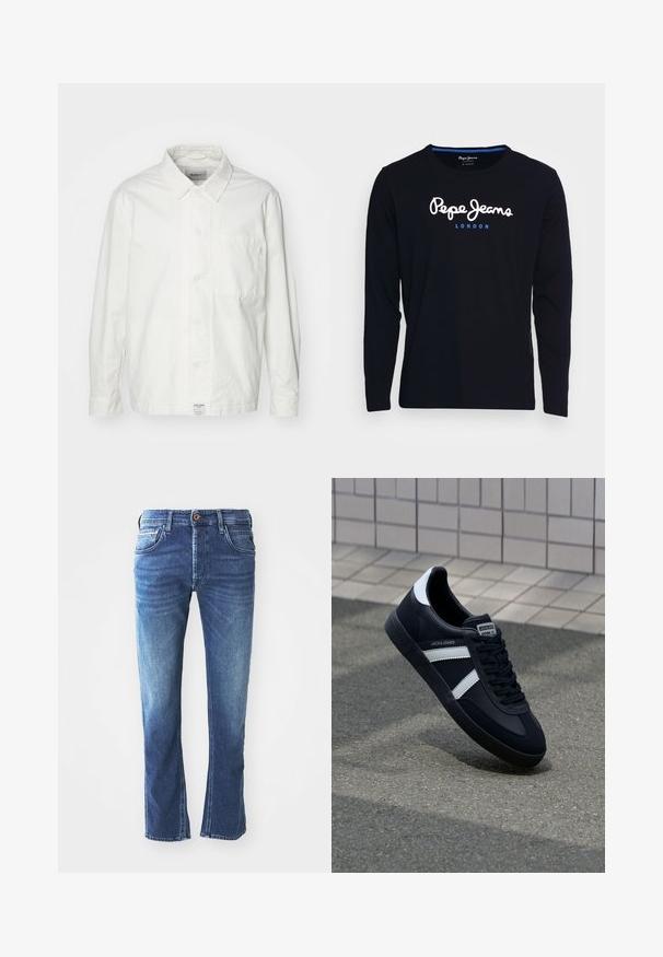 Weiße Button-Down-Hemd aus Baumwolle, mit klassischem Kragen, langen Ärmeln und einer Brusttasche. Glatte Textur, schlichtes Design.; Schwarzes Langarm-T-Shirt aus Baumwollstoff, mit dem weißen und blauen Logo-Text "Pepe Jeans London" centriert auf der Brust.; Dunkelblaue Jeans aus Denim mit geradem Bein, ausgestattet mit fünf Taschen, einem braunen Knopfverschluss und dezenten hellen Verfärbungen an den Oberschenkeln.; Schwarze Leder-Sneaker mit weißen Streifen, strukturiertem Gummisohle und Schnürung. Verfügt über ein Markenetikett auf der Zunge.