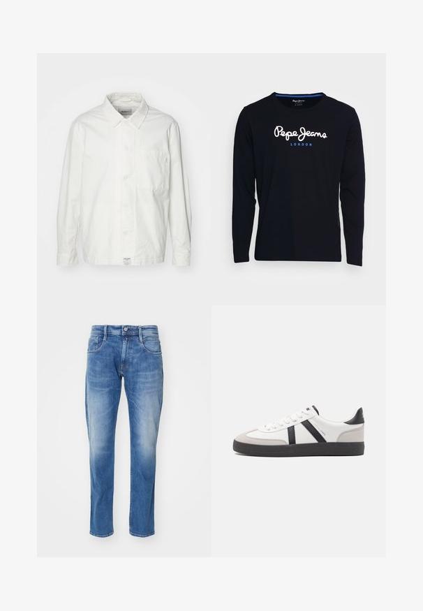 Hvid skjorte med knapper lavet af bomuld, med en klassisk krave, lange ærmer og en enkelt brystlomme. Glat tekstur, enkelt design.; Langærmet sort t-shirt lavet af bomuldsstof, med hvid og blå logo tekst "Pepe Jeans London" centreret på brystet.; Lys blå denim jeans med lige ben, fem-lomme design, subtil falmning, og en standart talje med knaplukning.; Hvide sneakers med sorte og grå detaljer, med en tekstureret grå tåhætte, sort gummisål og flade hvide snørebånd. Rent design, minimalistisk stil.