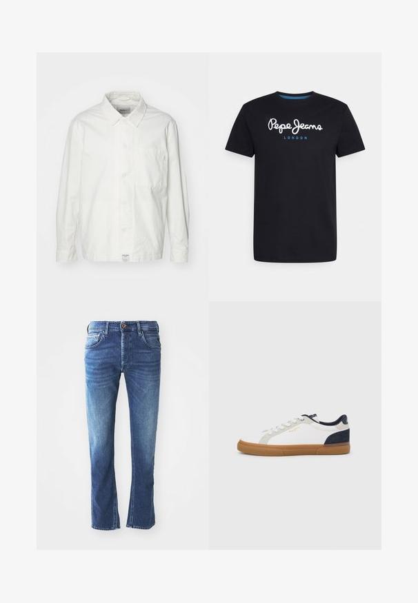 Chemise blanche à boutons en coton, dotée d'un col classique, de manches longues et d'une poche poitrine unique. Texture lisse, design simple.; T-shirt en coton noir avec un logo en script blanc "Pepe Jeans" accentué de bleu, col rond et manches courtes. Design simple et uni.; Jean en denim bleu foncé avec une coupe droite, comprenant cinq poches, une fermeture à bouton marron et un léger délavage au niveau des cuisses.; Baskets en toile blanche avec des accents en suède bleu marine et gris. Comprend une semelle en caoutchouc naturel, un embout arrondi et un design classique à lacets.
