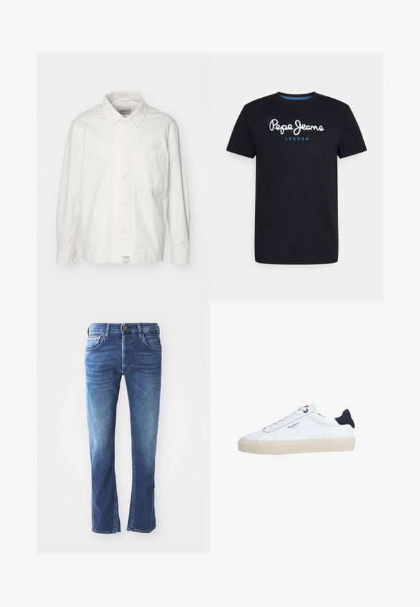 Weiße Button-Down-Hemd aus Baumwolle, mit klassischem Kragen, langen Ärmeln und einer Brusttasche. Glatte Textur, schlichtes Design.; Schwarzes Baumwoll-T-Shirt mit einem weißen Schriftlogo "Pepe Jeans" und blauen Akzenten, Rundhals und kurzen Ärmeln. Einfaches, schlichtes Design.; Dunkelblaue Jeans aus Denim mit geradem Bein, ausgestattet mit fünf Taschen, einem braunen Knopfverschluss und dezenten hellen Verfärbungen an den Oberschenkeln.; Weißer Sneaker in niedriger Schnittform mit beiger Sohle, weißen Schnürsenkeln, schwarzem Fersenlasche und dem "Pepe Jeans London"-Logo an der Seite.