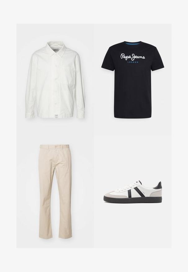 Weiße Button-Down-Hemd aus Baumwolle, mit klassischem Kragen, langen Ärmeln und einer Brusttasche. Glatte Textur, schlichtes Design.; Schwarzes Baumwoll-T-Shirt mit einem weißen Schriftlogo "Pepe Jeans" und blauen Akzenten, Rundhals und kurzen Ärmeln. Einfaches, schlichtes Design.; Beige Baumwoll-Chinos mit geradem Bein, ausgestattet mit einem Knopfverschluss und subtilen Falten für Textur. Glatter Stoff und klare Linien.; Weiße Sneaker mit schwarz- und grau-aczenten, ausgestattet mit einer strukturierten grauen Zehenkappe, schwarzer Gummi-Sohle und flachen weißen Schnürsenkeln. Sauberes Design, minimalistische Stil.