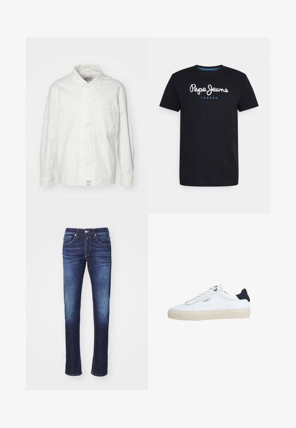 Weiße Button-Down-Hemd aus Baumwolle, mit klassischem Kragen, langen Ärmeln und einer Brusttasche. Glatte Textur, schlichtes Design.; Schwarzes Baumwoll-T-Shirt mit einem weißen Schriftlogo "Pepe Jeans" und blauen Akzenten, Rundhals und kurzen Ärmeln. Einfaches, schlichtes Design.; Dunkelblaue Jeans aus Denim mit geradem Schnitt, ausgestattet mit fünf Taschen, einem Knopfverschluss und sanften Verwaschungen entlang der Oberschenkel.; Weißer Sneaker in niedriger Schnittform mit beiger Sohle, weißen Schnürsenkeln, schwarzem Fersenlasche und dem "Pepe Jeans London"-Logo an der Seite.