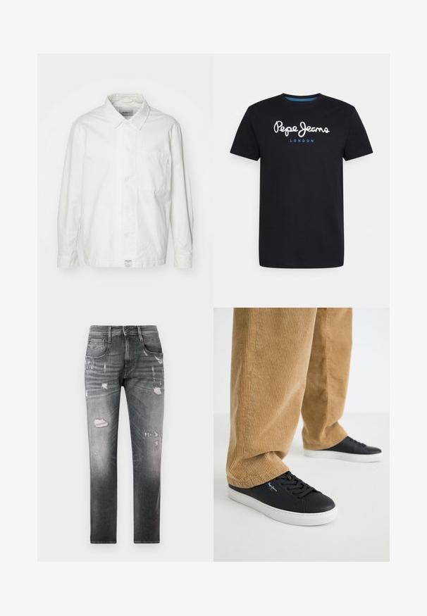 Hvid skjorte med knapper lavet af bomuld, med en klassisk krave, lange ærmer og en enkelt brystlomme. Glat tekstur, enkelt design.; Sort bomulds T-shirt med et hvidt skriftskriftlogo "Pepe Jeans" med en blå accent, rund hals og korte ærmer. Enkel, ensfarvet design.; Falmede sorte denimjeans med slidte lapper. Har fem lommer, en knaplukning og en lige ben-design.; Sorte lædersneakers med hvide gummisåler. Båret med tanfarvede corduroybukser med vertikale ribber og en afslappet pasform.