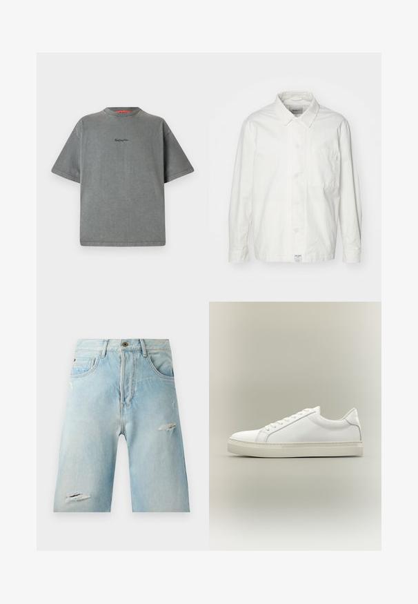 Weiße Button-Down-Hemd aus Baumwolle, mit klassischem Kragen, langen Ärmeln und einer Brusttasche. Glatte Textur, schlichtes Design.; Replay Inc. T-Shirt basic - stoned grey; Hellblaue Denim-Shorts mit einer lockeren Passform, featuring distressierte Akzente, seitliche Taschen und einen einzelnen oberen Knopfverschluss.; Weißer Sneaker mit niedrigem Schaft, vorn mit Schnürung und dicker Sohle, aus der Seitenansicht vor neutralem Hintergrund.