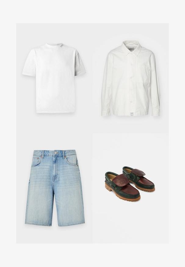 Hvid skjorte med knapper lavet af bomuld, med en klassisk krave, lange ærmer og en enkelt brystlomme. Glat tekstur, enkelt design.; Hvid kortærmet T-shirt med rund halsudskæring, der har en subtil tekstur og en lille logo-detail på venstre skulder.; Lyseblå denimshorts med lige skæring, forsynet med knap- og lynlåslukning, fem lommer og en let slidtblandet finish.; Lædersko med en mørkegrøn krop og en burgunderrød top, rund tå, fastgjort klap og tekstureret gummisål med riller.
