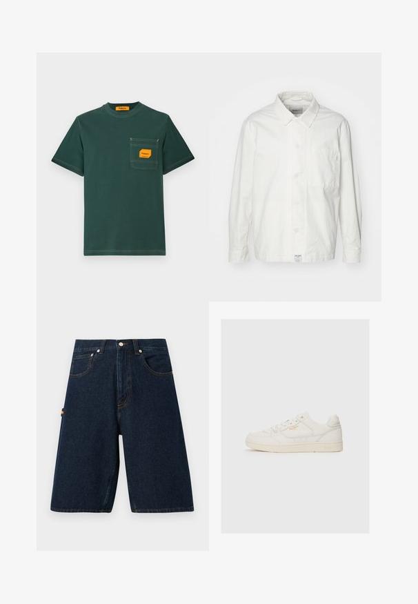 Weiße Button-Down-Hemd aus Baumwolle, mit klassischem Kragen, langen Ärmeln und einer Brusttasche. Glatte Textur, schlichtes Design.; Grünes Baumwoll-T-Shirt mit rundem Ausschnitt, kurzen Ärmeln und einer frontalen Tasche mit einem orangefarbenen Etikett. Kontrastnähte sind sichtbar.; Dunkelblaue Jeansshorts mit lockerem Schnitt, Fünf-Taschen-Design und kontrastierenden orangefarbenen Nähten. Verfügt über einen klassischen Knopf- und Reißverschluss.; Weiße Leder-Sneaker mit glatter Textur, versehen mit perforierten Akzenten, Schnürung an der Vorderseite und einem subtilen Logo in Gold an der Seite.