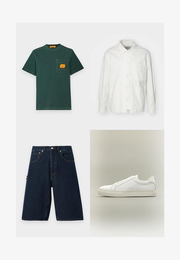 Hvid skjorte med knapper lavet af bomuld, med en klassisk krave, lange ærmer og en enkelt brystlomme. Glat tekstur, enkelt design.; Grøn bomuld t-shirt med rund hals, korte ærmer og en forlomma med en orange etiket. Kontrastsyning er synlig.; Mørke denimshorts med løs pasform, fem-lommer design og kontrastende orange syninger. Har en klassisk knap- og lynlåslukning.; Hvid lavtop sneaker med snørebånd foran og tyk sål, vist fra siden mod en neutral baggrund.