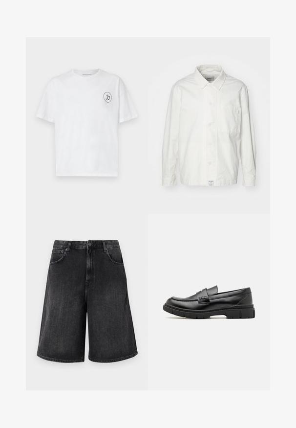 Weiße Button-Down-Hemd aus Baumwolle, mit klassischem Kragen, langen Ärmeln und einer Brusttasche. Glatte Textur, schlichtes Design.; Weißes Baumwoll-T-Shirt mit Rundhalsausschnitt, kurzen Ärmeln und einem runden schwarzen Grafikdesign mit einer Figur auf der linken Brustseite.; Schwarze Jeans-Shorts mit einem weit geschnittenen, geraden Schnitt, mit einem Frontknopfverschluss und fünf Taschen. Weiche Textur mit einem verwehten Finish.; Schwarze Lederloafer mit einem breiten Riemen über dem Rist, Gummisohle mit dicken Profilen und glatter Textur. Klassisches, schlankes Design.