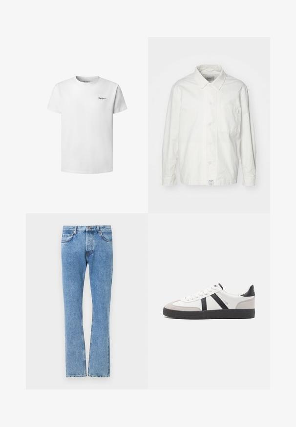 Chemise blanche à boutons en coton, dotée d'un col classique, de manches longues et d'une poche poitrine unique. Texture lisse, design simple.; T-shirt blanc à manches courtes avec col rond et petit logo "Pepe Jeans London" sur le côté gauche de la poitrine.; Jeans en denim bleu clair avec une coupe droite, cinq poches et des détails de couture contrastés. Taille standard avec une fermeture à bouton.; Baskets blanches avec des accents noirs et gris, présentant un embout texturé gris, une semelle en caoutchouc noir et des lacets plats blancs. Design épuré, style minimaliste.