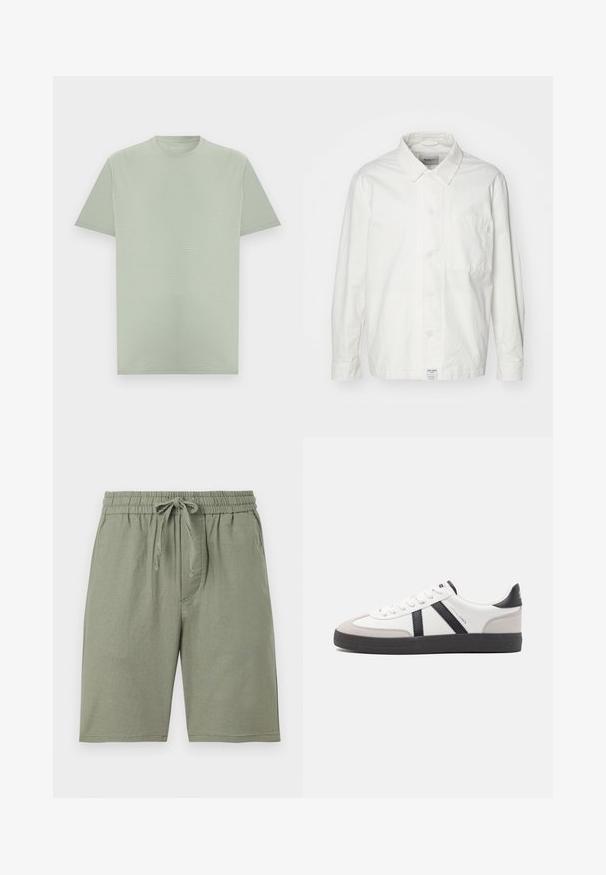 Chemise blanche à boutons en coton, dotée d'un col classique, de manches longues et d'une poche poitrine unique. Texture lisse, design simple.; T-shirt vert clair à manches courtes et col rond avec une texture subtile de rayures horizontales, présenté sur un fond neutre.; Shorts en coton vert clair avec une taille élastique et un cordon de serrage réglable. Comprend des poches latérales et une coupe au niveau du genou.; Baskets blanches avec des accents noirs et gris, présentant un embout texturé gris, une semelle en caoutchouc noir et des lacets plats blancs. Design épuré, style minimaliste.