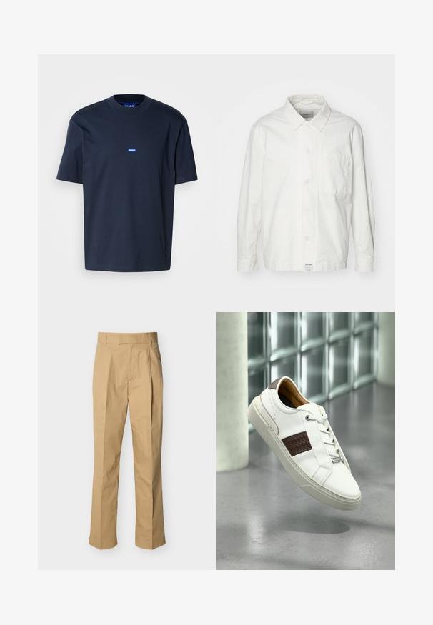 Chemise blanche à boutons en coton, dotée d'un col classique, de manches longues et d'une poche poitrine unique. Texture lisse, design simple.; T-shirt en coton bleu marine avec un col rond, manches courtes et un petit logo bleu sur la poitrine. Texture lisse, coupe décontractée.; Pantalon beige en coton lisse à taille haute, avec des plis à l'avant et des jambes droites. Aucun équipement visible ni motifs.; Baskets en cuir blanc avec un accent en tissu tressé marron, dotées de lacets ronds, d'une semelle en caoutchouc texturée et d'éléments de design minimalistes.