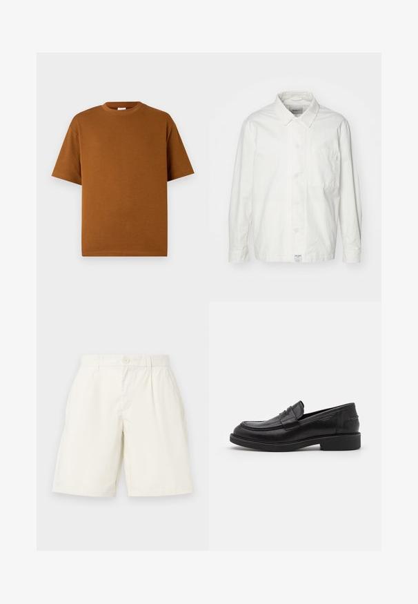 Camisa blanca de botones hecha de algodón, con cuello clásico, mangas largas y un bolsillo en el pecho. Textura suave, diseño sencillo.; Camiseta marrón de manga corta hecha de una tela suave, con un escote redondo y un corte relajado con dobladillo recto. Sin patrones ni acentos visibles.; Pantalones cortos de algodón blancos con un corte recto, que cuentan con un cierre de botón y bolsillos laterales. Textura suave y sin patrones visibles.; Mocasines de cuero negro con puntera redondeada, costuras tonales y un detalle de tira en la parte frontal. Suela de goma con un tacón bajo.