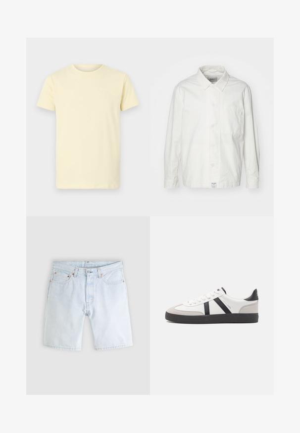Chemise blanche à boutons en coton, dotée d'un col classique, de manches longues et d'une poche poitrine unique. Texture lisse, design simple.; T-shirt en coton jaune clair à manches courtes et col rond ; présente un petit logo blanc sur le haut à gauche de la poitrine.; Short en jean bleu clair avec bouton sur le devant, fermeture éclair, cinq poches et passants de ceinture sur un fond gris clair uni.; Baskets blanches avec des accents noirs et gris, présentant un embout texturé gris, une semelle en caoutchouc noir et des lacets plats blancs. Design épuré, style minimaliste.