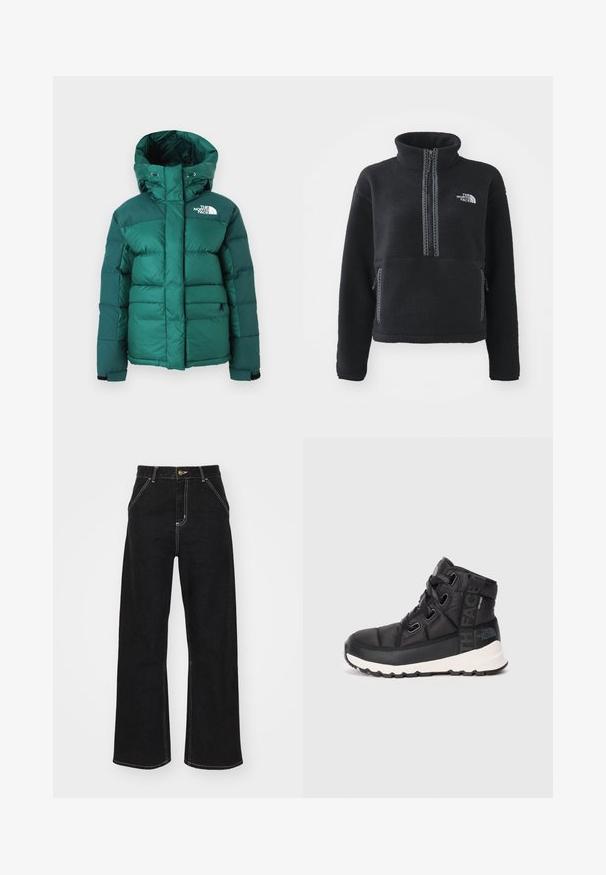 Grüne gepolsterte Winterjacke mit Kapuze, Klettverschluss-Handgelenkriemen, Fronttaschen und dem The North Face-Logo auf der Brust.; Schwarzer Fleece-Pullover mit hohem Kragen, Viertel-Reißverschluss, Fronttasche und kontrastierenden Nähten. Mit The North Face-Logo auf der Brust.; Schwarze Jeans mit weitem Bein aus Denim. Verfügt über kontrastierende weiße Nähte, Vordertaschen und einen Knopfverschluss in der Taille.; Schwarze mid-cut Wanderschuhe mit strukturiertem Finish, verstellbaren Schnürsenkeln und weißer Gummisohle. Mit Branding an der Seite.