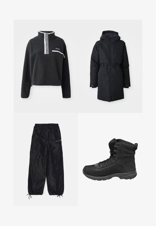 Parka larga negra de invierno con capucha, cremallera frontal, bolsillos con solapa y puños con snap ajustables, diseñada para protección en climas fríos.; Sudadera de forro polar negra con cuello de media cremallera, que presenta un bolsillo en el pecho y acentos en blanco y gris contrastantes. Textura suave, diseño recortado.; Pantalones cargo negros hechos de nailon brillante con una cinturilla elástica, cordón ajustable, bolsillos laterales y puños elásticos.; Bota táctica negra de caña alta con paneles de malla y ante, cierre de cordones, collar acolchado y suela de goma resistente.