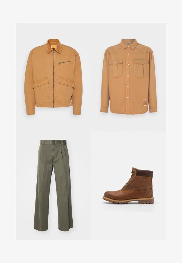 Beige Jacke mit einem Cordkragen, Frontreißverschluss und zwei großen Taschen. Verfügt über eine kleine Taschen mit Reißverschluss auf der Brust und ein Logo-Patch.; Braunes Denim-Hemd mit zwei Brusttaschen, spitzem Kragen, durchgehender Knopfleiste und kontrastierenden Nähten. Mit Logo-Patch und Schlaufen-Detail.; Olivgrüne Hose mit einem lockeren, weit geschnittenen Design und vorderen Falten. Hergestellt aus strukturiertem Stoff mit einem normalen Bund und ohne sichtbare Beschläge.; Braune Lederwanderschuhe mit glatter Oberfläche, gepolstertem Knöchel, Metallösen und einer Gummisohle mit robustem Profil.