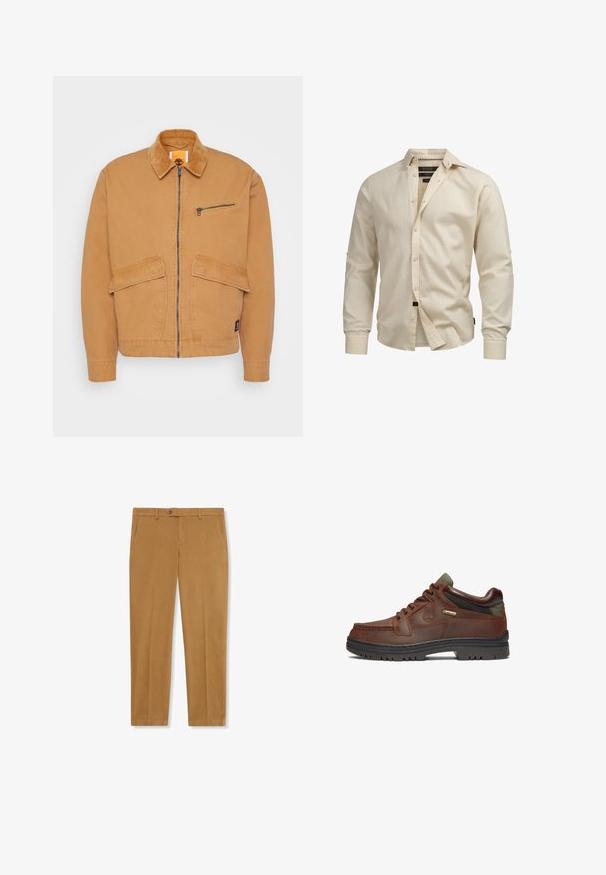 Tan jack met een corduroy kraag, voorritssluiting en twee grote zakken. Heeft een kleine ritssluiting op de borst en een logo-opdruk.; Beige linnen overhemd met lange mouwen, knopen aan de voorkant, een spreidkraag en geplooide manchetten, weergegeven op een witte achtergrond.; Lichtbruine katoenen broeken met een rechte pasvorm, riemlussen, een knoopsluiting aan de voorkant en zijzakken. Fijne textuur en minimale stikdetail.; Bruin leren schoen met een klassiek ontwerp, uitgerust met een vetersluiting, groene accenten en een robuuste zwarte rubberen zool. GORE-TEX® label zichtbaar.