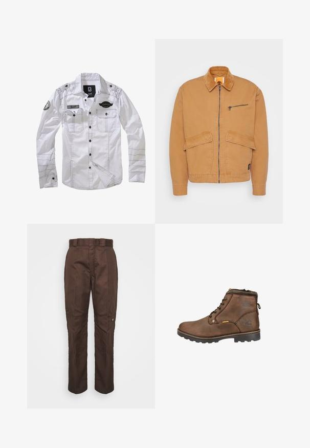 Beige Jacke mit einem Cordkragen, Frontreißverschluss und zwei großen Taschen. Verfügt über eine kleine Taschen mit Reißverschluss auf der Brust und ein Logo-Patch.; Weißes Langarmhemd mit schwarzer Naht, zwei Brusttaschen und einem Aufnäher am einen Ärmel. Mit Knopfverschluss vorne und Kragen.; Braune, gerade geschnittene Hose mit glatter Textur. Verfügt über einen Gürtelschlaufen, Seitennähte und ein kleines Markenlogo am linken Bein.; Braune Leder-Ankle-Boots mit runder Zehenpartie, Schnürdesign, gepolstertem Kragen und strukturiertem Gummisohle. Mit Logo und Metallelementen ausgestattet.