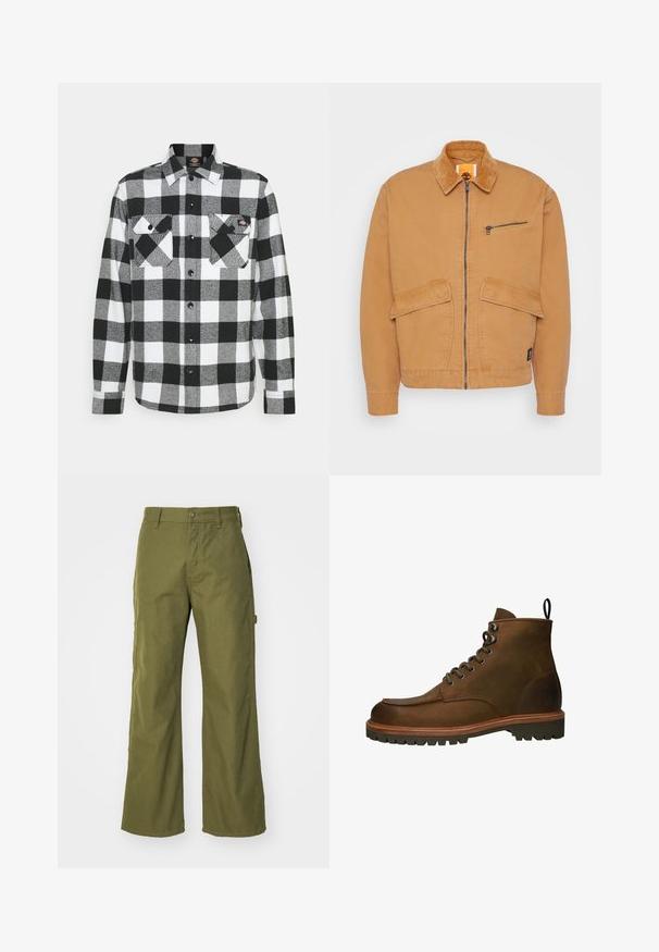 Beige Jacke mit einem Cordkragen, Frontreißverschluss und zwei großen Taschen. Verfügt über eine kleine Taschen mit Reißverschluss auf der Brust und ein Logo-Patch.; Schwarz-weißes Flanellhemd mit Karomuster, ausgestattet mit zwei Brusttaschen, Knopfleiste und Kragen. Weicher, strukturierten Stoff.; Olivgrüne, weite Hosen aus strapazierfähigem Material, mit Knopfverschluss, seitlichen Taschen und einem geraden Saumdesign.; Braune Leder-Stiefeletten mit runder Zehenform, metallenen Ösen und einer robusten Gummisohle. Enthält eine Zuglasche für ein einfaches An- und Ausziehen.