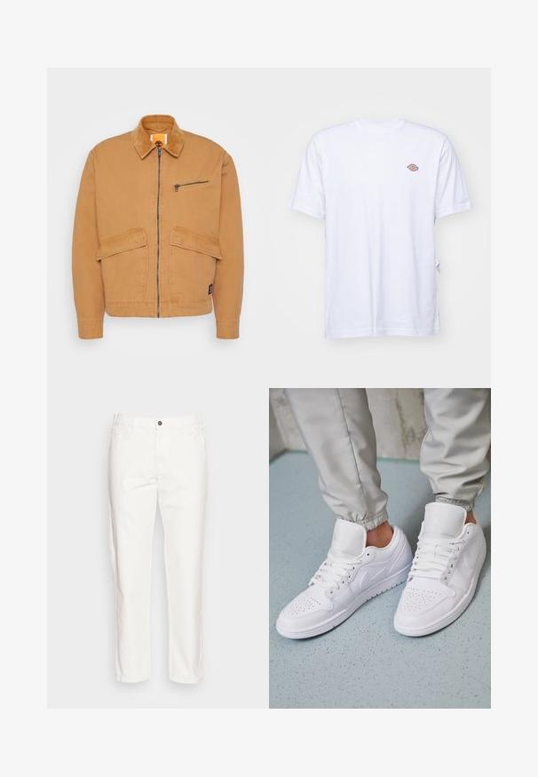 Veste beige avec un col en velours côtelé, fermeture éclair à l'avant et deux grandes poches. Comprend une petite poche poitrine zippée et un patch logo.; T-shirt en coton blanc avec un col en V et des manches courtes. Présente un petit logo coloré brodé sur la poitrine gauche. Texture douce.; Pantalon en coton blanc avec une coupe droite, poches avant, fermeture à bouton unique et une texture douce.; Des baskets en cuir blanc présentent une zone de perforation à l'avant, des lacets plats, un col rembourré et le logo Jordan sur la languette. Portées avec un pantalon de jogging gris.