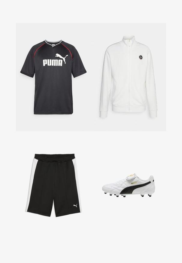 Weißer Reißverschluss-Sweatshirt aus Fleece mit hohem Kragen, gerippten Bündchen und einem runden Logo auf der Brust. Dezente Musterakzente an den Ärmeln.; Schwarzes Puma-Sport-T-Shirt mit kurzen Ärmeln, weißem Logo, roten Akzenten entlang der Schultern und einem V-Ausschnitt. Hergestellt aus leichtem Material.; Schwarze Sportshorts mit weißen Seiteneinsätzen, elastischem Bund und kleinem weißen Puma-Logo am linken unteren Bein.; Weißer Fußballschuh mit schwarzem Streifen, geformten Stollen, Schnürsenkeln und einer Klettlasche am Spann mit goldenen Logos.