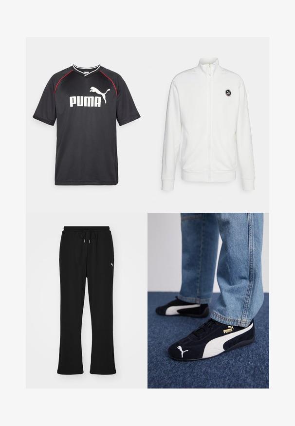 Witte rits-sweatshirt gemaakt van fleece, met een hoge kraag, geribbelde manchetten en een rond logo op de borst. Subtiele patroonaccenten op de mouwen.; Zwarte Puma sportt-shirt met korte mouwen, wit logo, rode accenten langs de schouders en een v-hals. Gemaakt van lichtgewicht materiaal.; Zwarte sweatpants met elastische tailleband en trekkoord, voorzien van zijzakken en een subtiele logo op het linkerpand. Zacht materiaal, uitlopende pasvorm.; Zwarte suède sneakers met witte accenten, voorzien van een gouden logo. Gemaakt met lichtblauwe spijkerbroek en geplaatst op een textuur blauwe ondergrond.