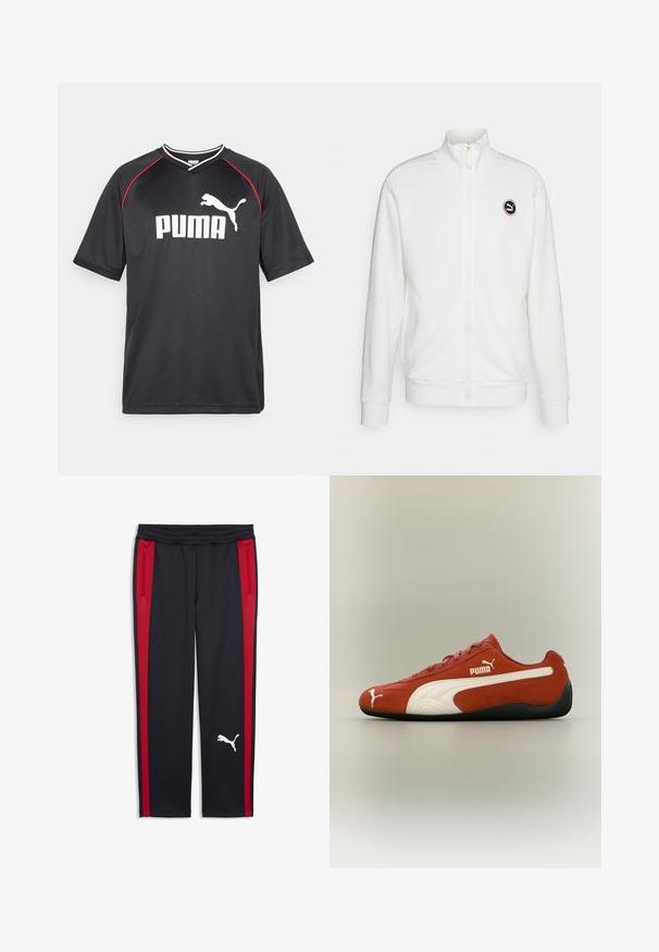 Weißer Reißverschluss-Sweatshirt aus Fleece mit hohem Kragen, gerippten Bündchen und einem runden Logo auf der Brust. Dezente Musterakzente an den Ärmeln.; Schwarzes Puma-Sport-T-Shirt mit kurzen Ärmeln, weißem Logo, roten Akzenten entlang der Schultern und einem V-Ausschnitt. Hergestellt aus leichtem Material.; Schwarze Sporthose mit roten Seitenstreifen, elastischem Bund und Reißverschlusstaschen. Ausgestattet mit einem weißen Logo am unteren Bein.; Roter Puma-Sneaker mit niedrigem Profil, weißem Seitenstreifen, Puma-Logo an der Seite und an der Zehenkappe sowie schwarzer Sohle auf neutralem Hintergrund.