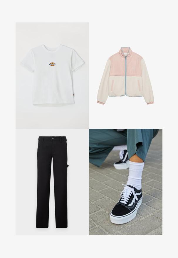 Chaqueta bomber forrada de lana con una parte superior de nylon rosa, parte inferior crema y acentos azules. Presenta un cuello alto y bolsillos laterales.; Camiseta blanca de algodón con un logo redondo y acentos multicolores. Mangas cortas y un cuello redondo, con una pequeña etiqueta en el dobladillo.; Pantalones negros de tela con una textura suave, diseñados con piernas rectas, cierre de botón y un bolsillo lateral.; Zapatillas de ante negro con acentos y cordones blancos, que cuentan con una gruesa suela blanca y costuras en contraste, combinadas con un calcetín blanco.