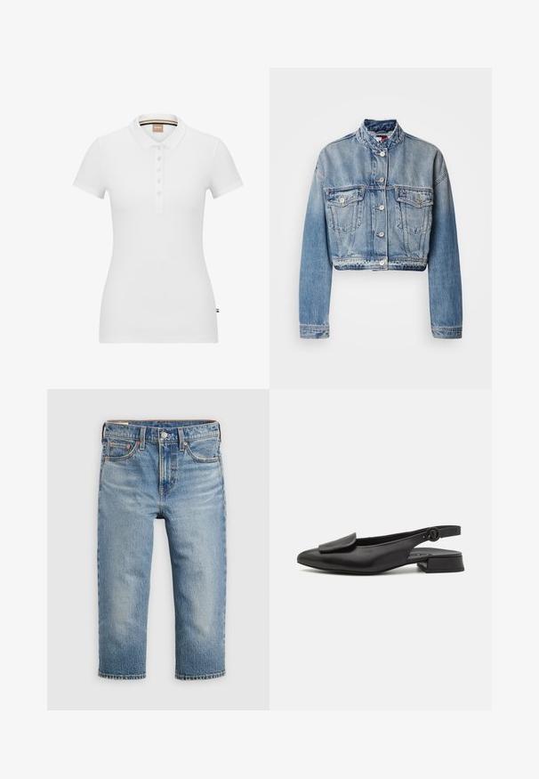 Korte spijkerjack in lichtblauwe wassing, met twee voorkant zakken, knoopsluiting en klassieke kraag. Versleten accenten op de zoom.; Witte polo shirt van katoen, met korte mouwen, een kraag en een knoopsluiting. Subtiel merkembleem geborduurd op de borst.; Lichtblauwe denim jeans met een ontspannen pasvorm, cropped lengte, vijf zakken en metalen knoopsluiting. Verbleekte textuur met subtiele stiksel details.; Zwarte leren slingback schoen met een spitse neus, platte hak en oversized flapdetail. Voorzien van een verstelbare band met een knop.