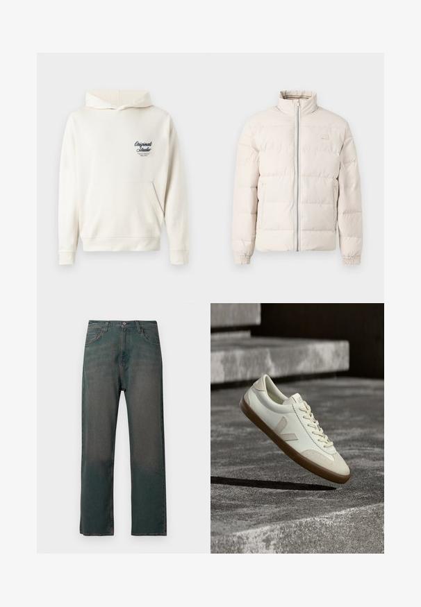 Vaalean beige untuvatakki korkealla kauluksella, vetoketjulla ja joustavilla hihansuilla. Hänellä on tikkikuvio ja pieni logoyksityiskohta rinnassa.; Kermavan värinen huppari, joka on valmistettu pehmeästä kankaasta. Hupussa on etupuolella tasku, resorit hihoissa ja pieni brodeerattu logo rinnassa.; Tummanvihreät denim-farkut suoralla lahkeensovituksella, joissa on klassinen viiden taskun malli ja kontrastiväriset saumat ompeleissa.; Valkoiset nahkakengät, joissa on ruskeanvärinen kumipohja, tasaiset nauhat ja V-kirjaimen muotoinen koriste sivulla. Kenkien pinta on sileä ja niissä on vähän saumoja.