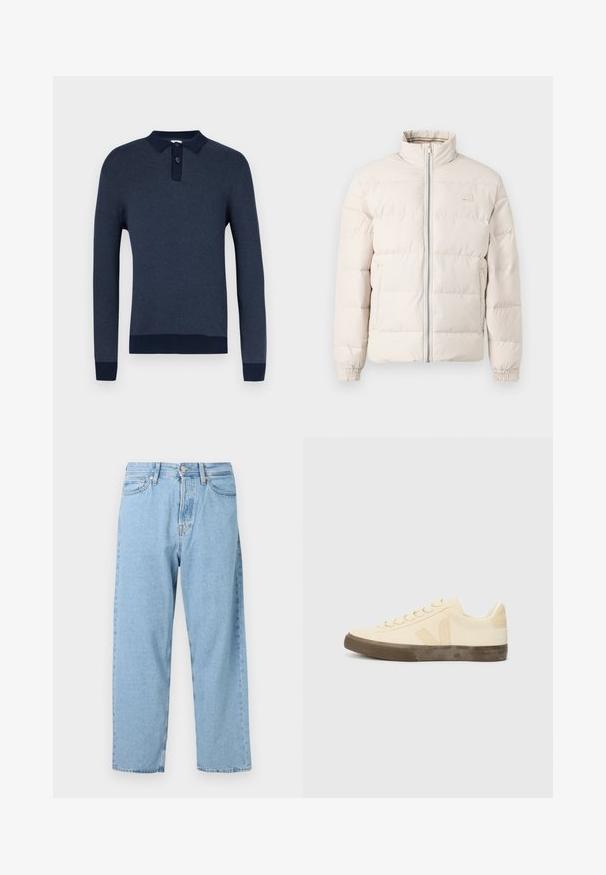 Veste doudoune beige clair avec un col montant, fermeture éclair et poignets élastiques. Présente un motif matelassé et un petit logo sur la poitrine.; Polo bleu marine à manches longues en maille texturée, avec une patte de boutonnage à trois boutons, et des poignets et un ourlet côtelés bleu foncé contrastants.; Jean taille haute bleu clair, coupe droite, avec cinq poches et une fermeture à bouton et zip à l'avant.; Sneakers en toile beige avec bout rond, lacets plats et semelle en caoutchouc brun texturée. Présente un logo sur le côté et un design minimaliste.
