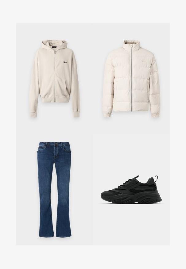Lys beige pufferjakke med høj krave, lynlås og elastiske manchetter. Har et quiltet mønster og en lille logodetalje på brystet.; Beige hættetrøje med lynlås i ribbet stof, med en frontlomme, blød tekstur og et lille sort logo på venstre bryst.; Denim flared jeans i dyb blå, med forlommer, lynlås i gylpen og diskrete stikninger på taljebåndet og kanten.; Sorte atletiske sneakers med en kraftig sål, meshpaneler og gummidetaljer. Har en trækflap ved hælen og strukturerede mønstre.