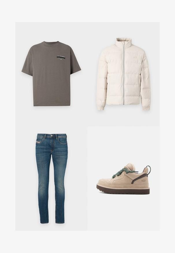 Veste doudoune beige clair avec un col montant, fermeture éclair et poignets élastiques. Présente un motif matelassé et un petit logo sur la poitrine.; T-shirt en coton gris avec un col rond, des manches courtes et une impression de poche avec la marque "ALL SAINTS" et un texte supplémentaire.; Jean en denim bleu à coupe slim, avec une fermeture à bouton, un design classique à cinq poches et un léger délavage le long des jambes pour un aspect usé.; Baskets en daim beige à finition texturée, avec des lacets verts, des accents marron au talon et une semelle en caoutchouc marron plus épaisse.