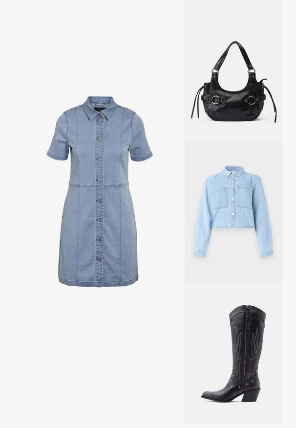 Hellblaue, kurz geschnittene Jeansjacke mit langen Ärmeln, Knopfleiste vorne, Kragen und zwei Brusttaschen.; Helles blaues Jeanshemdkleid mit Kragen, kurzen Ärmeln, vorderen Knöpfen und seitlichen Taschen, das vertikale Nahtdetails aufweist.; Schwarze Cowboy-Stiefel aus Leder mit spitzer Zehenpartie, sichtbarer Nahtführung, silbernen Nietenakzenten und Reißverschluss auf der Innenseite.; Schwarze Lederhandtasche mit runder Form, ausgestattet mit zwei seitlichen Schnallen, glatter Textur und einem kurzen Schulterriemen. Akzente sind seitliche Quasten.