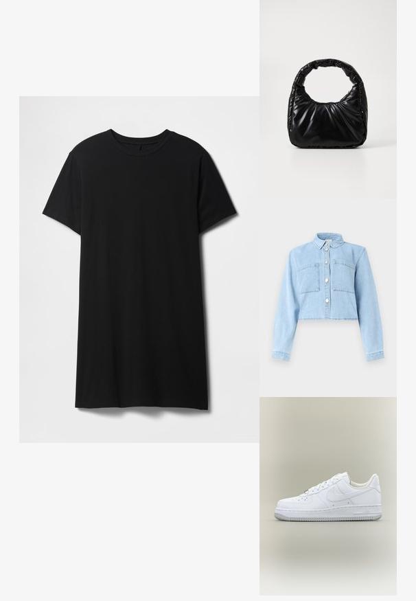 Lyseblå croppet denimjakke med lange ærmer, knaplukning foran, krave og to brystlommer med lapper.; Sort kortærmet t-shirt lavet af bomuld, med klassisk rund halsudskæring og en lige kant, med en glat, mat tekstur.; Hvid Nike Air Force 1 sneaker med lavt skaft, snørebånd, perforeret tå og tekstureret gummisål på neutral baggrund.; Sort polstret håndtaske med et rundt håndtag, der har en glat, skinnende overflade og en blød, kviltet tekstur. Ingen synlige hardware eller accenter.