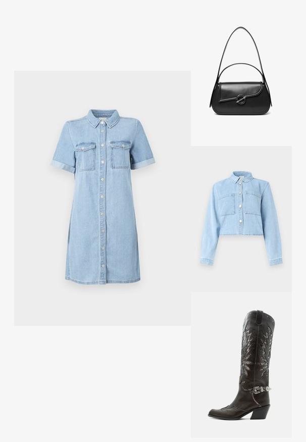 Hellblaue, kurz geschnittene Jeansjacke mit langen Ärmeln, Knopfleiste vorne, Kragen und zwei Brusttaschen.; Helles blaues Denimkleid mit kurzen Ärmeln, Knopfleiste, zwei Brusttaschen und umgeschlagenen Ärmeln. Glatte Textur und geradliniger Schnitt.; Schwarzer Leder-Cowboystiefel mit dekorativen Ausschnitten, silberner Schnalle und schräger Ferse, auf weißem Hintergrund dargestellt.; Schwarze Lederschultertasche mit einer geschwungenen Klappe, die durch einen runden Metallverschluss gesichert ist, und einem schlanken, verstellbaren Riemen.