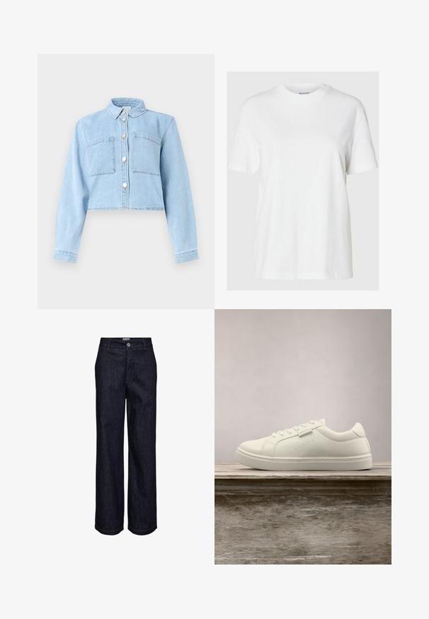 Hellblaue, kurz geschnittene Jeansjacke mit langen Ärmeln, Knopfleiste vorne, Kragen und zwei Brusttaschen.; Weißes Baumwoll-T-Shirt mit kurzen Ärmeln und rundem Ausschnitt. Hat eine lockere Passform und ein minimales Design ohne Muster oder Akzente.; Dunkelblaue Denim-Jeans mit geradem Bein, Knopf- und Reißverschluss, Gürtelschlaufen und sichtbaren Nahtdetails.; Weißer Leder-Sneaker mit Schnürsenkeln schwebt über einer hölzernen Bank, im Hintergrund ist das grüne hohe Gras unscharf zu sehen.