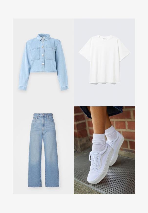 Lichtblauw cropped spijkerjack met lange mouwen, knoopsluiting aan de voorkant, een kraag en twee borstzakken.; Witte T-shirt met korte mouwen en een ronde hals, met een relaxte pasvorm en een "WEEKDAY" label aan de binnenkant achter bij de hals.; Lichtblauwe high-waist wijde jeans met een knoop- en ritssluiting aan de voorkant, voor- en achterzakken, op een witte achtergrond.; Witte canvas sneakers met rubberen zolen, voorzien van zes vetertjes, een ronde neus en lichte stikdetails, gecombineerd met witte enkelsokken.