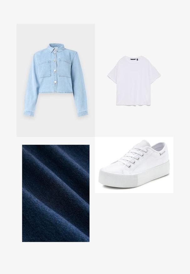 Hellblaue, kurz geschnittene Jeansjacke mit langen Ärmeln, Knopfleiste vorne, Kragen und zwei Brusttaschen.; Schlichtes weißes kurzärmeliges Baumwoll-T-Shirt mit Rundhalsausschnitt, flach auf weißem Hintergrund liegend.; Dunkelblauer Jeansstoff mit einer glatten Textur, der sichtbare diagonale Webmuster sowie subtile Farb- und Glanzvariationen aufweist.; Weißer Low-Top Schnürsneaker mit dicker Gummisohle und strukturierter Zehenkappe, mit Obermaterial aus Textil und Markenetikett am Kragen.