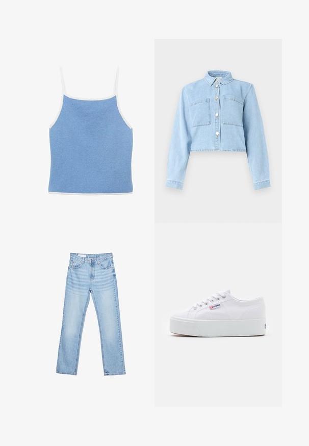 Lyseblå croppet denimjakke med lange ærmer, knaplukning foran, krave og to brystlommer med lapper.; Lyseblå strikket tanktop med hvid kant, der har tynde skulderstropper og en tætsiddende design med en glat, tekstureret overflade.; Lyseblå straight-leg denim jeans med forlommer, bæltestropper og knap- og lynlåslukning, vist fladt på hvid baggrund.; Hvide canvas sneakers med en tyk hvid platformssål, rund tå og metaløjelets til snørebånd. Mærkets logo præsenteret på siden.