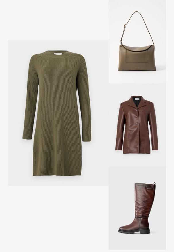 Pruun kunstnahast jakk sälgudega, kahe eesnupu, pikkade varrukate ja rinnatasku detailiga.; CLOSED CREW NECK DRESS LONG SLEEVE - Kampsunkleit - forest green; Pruunist nahast kuni põlvedeni ulatuvad saapad, millel on veidi lõtv disain, ümmargune varvas ja paks, tekstureeritud must kummitald. Omab logomärgistust.; Olive roheline nahk käekott, millel on tekstureeritud pind, klapiga sulgemine ja reguleeritav rihm. Omab esikotti ja kuldset viimistlust.