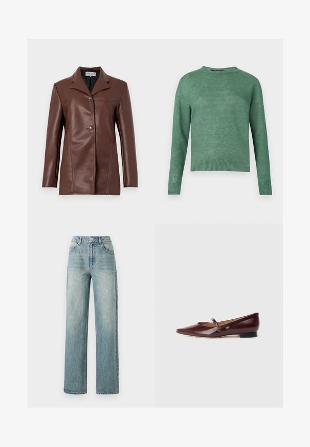 Brun blazer i kunstlæder med hakkraver, to forreste knapper, lange ærmer og en brystlomme detalje.; Grøn langærmet crewneck-trøje med ribstrikkede manchetter og kant, lavet af let strikket stof.; Copenhagen Muse JEANNE PANTS - Jeans Relaxed Fit - medium dirty washed denim; Burgundyrød patenteret lædersko med spids tå og en dekorativ rem over vristen. Har en lav sort hæl.