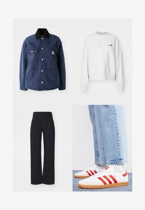 Mørkeblå knap-up jakke med sort kordfløjlskrave, fire forlommer og metalsnapper, med et lille logo på brystlommen.; Grå crew-neck sweatshirt i et blødt stof med ribbede manchetter og kant; har broderet logo på brystet i gul og mørkerød.; Sorte højtaljede bredbenede jeans med frontknap og lynlås, bæltestropper og to forlommer på hvid baggrund.; Hvide lædersneakers med røde striber og accenter. Har en tekstureret gummisål og polstret krave. Bæres med lyseblå denim.