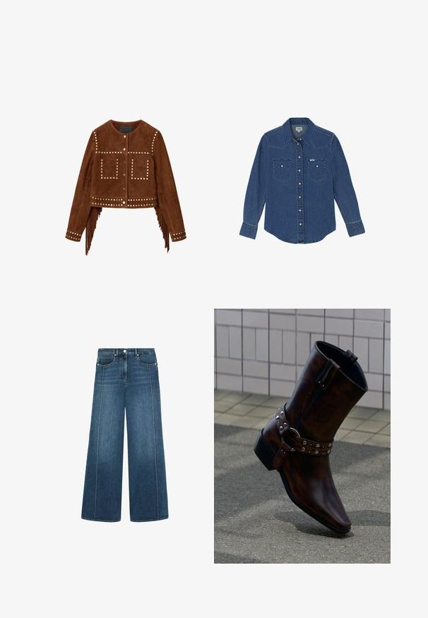 Brun ruskind cropped jakke med metalliske nitter i detaljer, front med trykknapper, to firkantede brystlommer og frynser langs sidesømme og manchetter.; Wrangler LONG SLEEVE WESTERN FOR REGULAR FIT - Skjortebluser - dark wash; Bredde ben jeans i mørkeblå denim med kontrasterende hvid sying, fem-lomme design og en knaplukning i taljen.; Mørkebrune læderankelstøvler med sølvnitter og en remdetalje, vist mod en baggrund af fliser på væggen og betongulv.
