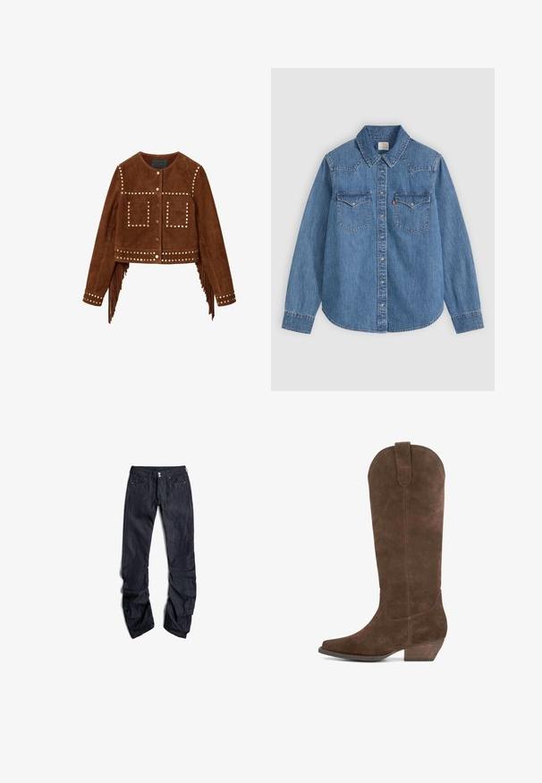 Bruine suède cropped jas met metalen studs, drukknopen aan de voorkant, twee vierkante borstzakken en franjes langs de zijnaden en manchetten.; Blauw denim overhemd met lange mouwen, knopen, puntige kraag en twee borstzakken met klep op een lichte achtergrond.; Donkerblauwe denim jeans met een rechte pijpdesign, voorkleurige zakken en een sluiting met twee knopen. De stof heeft een gestructureerde afwerking.; Bruine nubuck kniehoge laarzen met een puntige neus, gekantelde hak en een afgeronde bovenrand. Heeft een ritsdetail aan de zijkant en een subtiele textuur.